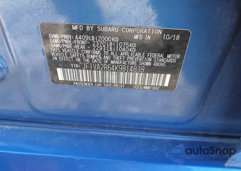 2019 Subaru Wrx Sti из США, поврежденный, VIN JF1VA2R64K9814839